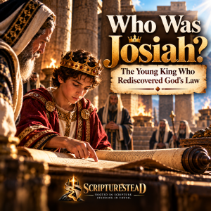 Young King Josiah reading the rediscovered Book of the Law in the temple