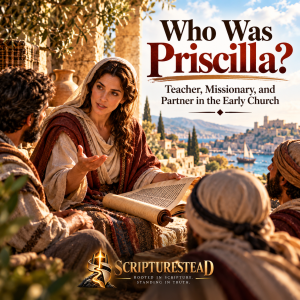 Priscilla teaching from a scroll in an early Christian Mediterranean setting
