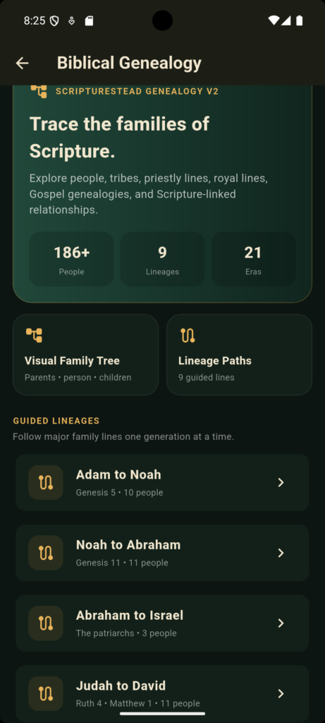 Scripturestead Bible app biblical genealogy screen
