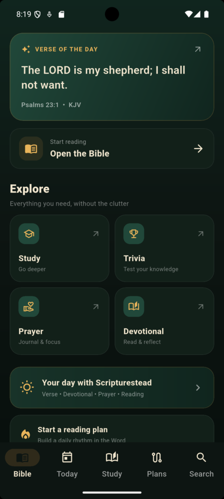 Scripturestead Bible app home screen