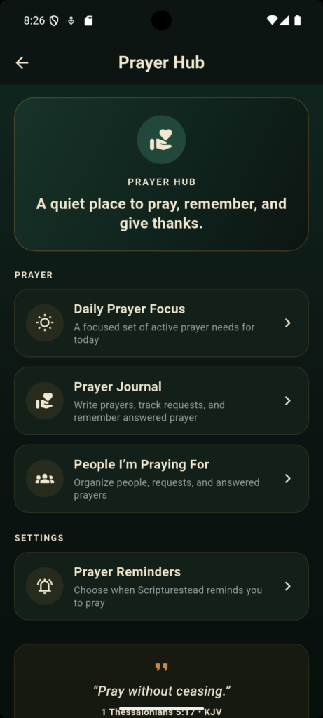 Scripturestead Bible app Prayer Hub screen
