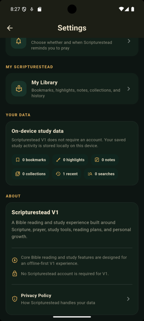 Scripturestead Bible app settings screen