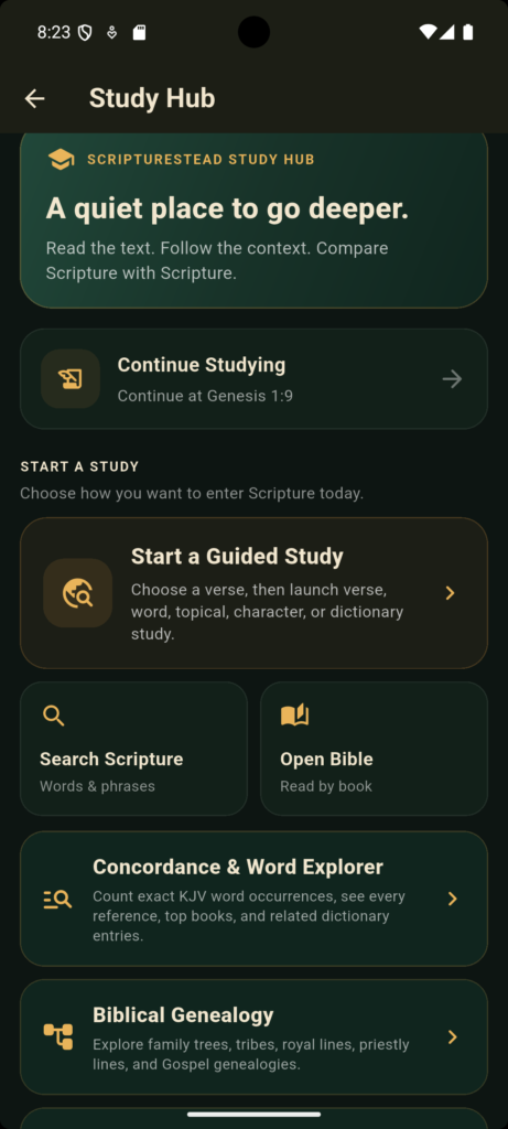 Scripturestead Bible app Study Hub screen