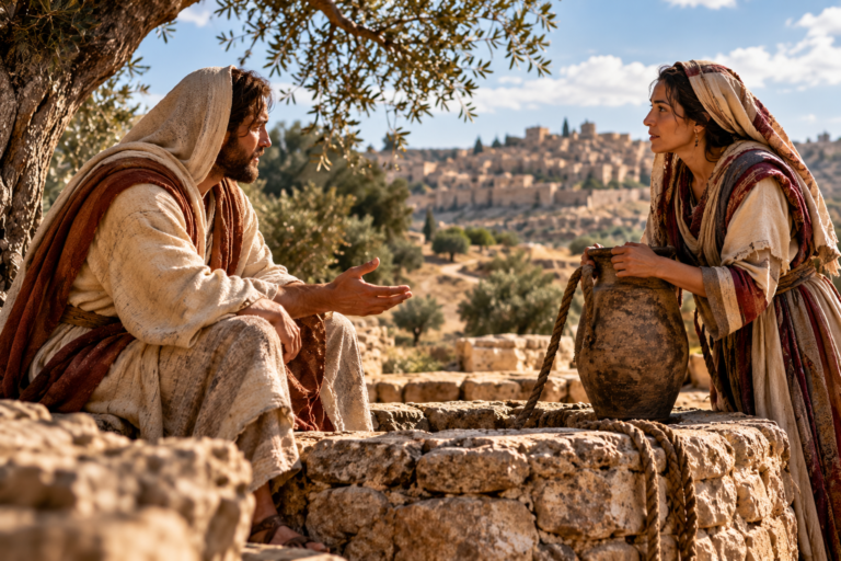 Jesus speaking with the Samaritan woman at a well, illustrating Samaritans in the Bible