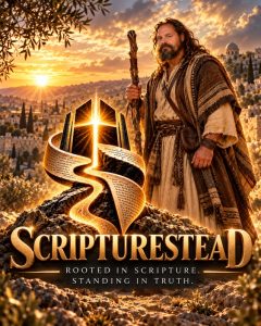 Scripturestead founder Brad Merchel in a first-century inspired biblical setting with Scripturestead branding