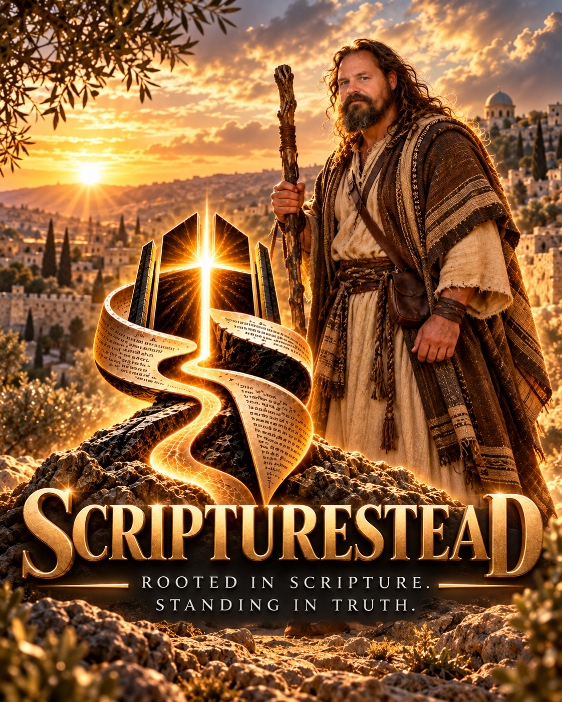 Scripturestead founder Brad Merchel in a first-century inspired biblical setting with Scripturestead branding